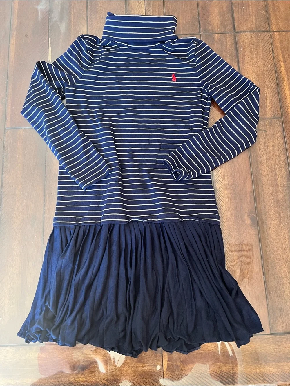 Ralph Lauren Girls Navy & White Striped Turtleneck Pleated Dress